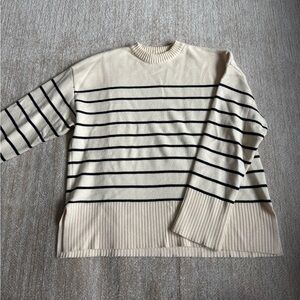 Zara Women's Cream and Black Striped Crewneck Sweater